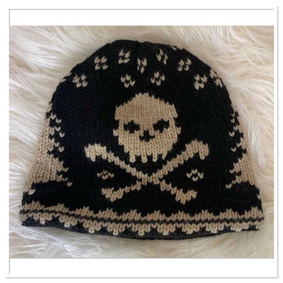 Rugby Ralph Lauren Skull Knit Beanie Cap Wool Black Cream One Size - Picture 2 of 4